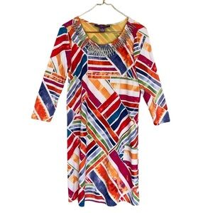 Vintage Argenti Colorful Retro Print Dress Silver Bar Neckline